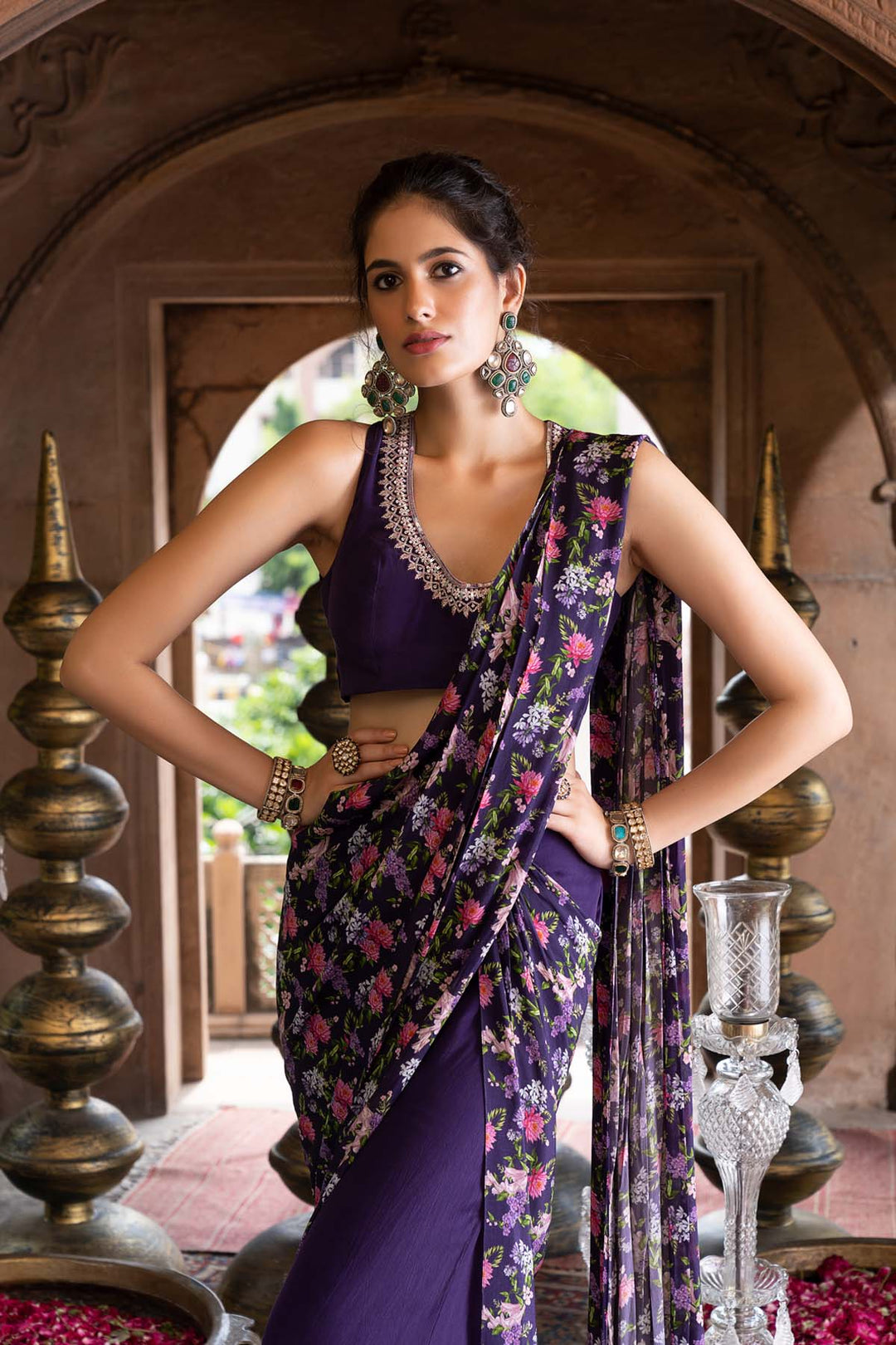 Purple Printed Pant Saree With Blouse