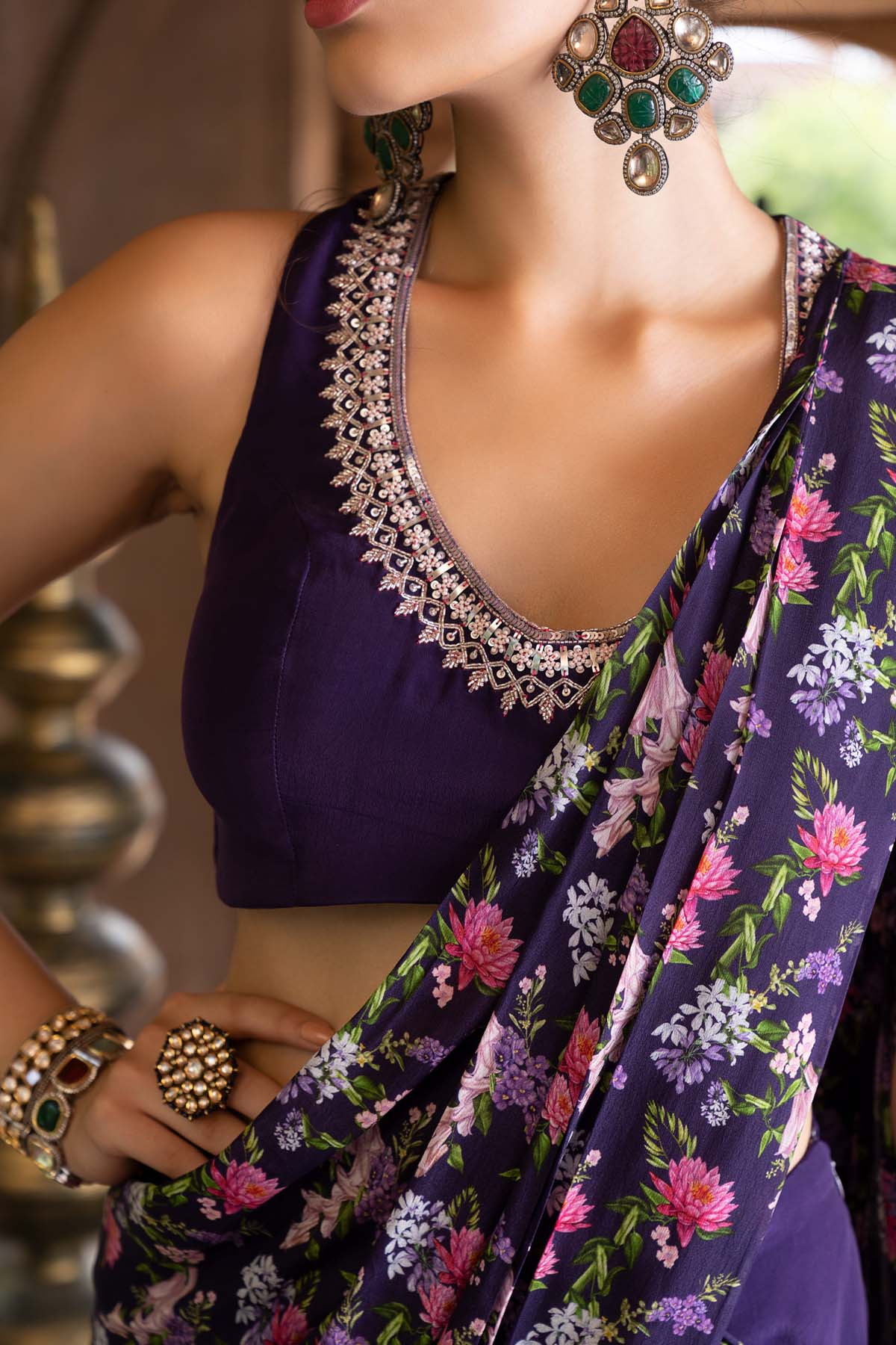 Purple Printed Pant Saree With Blouse