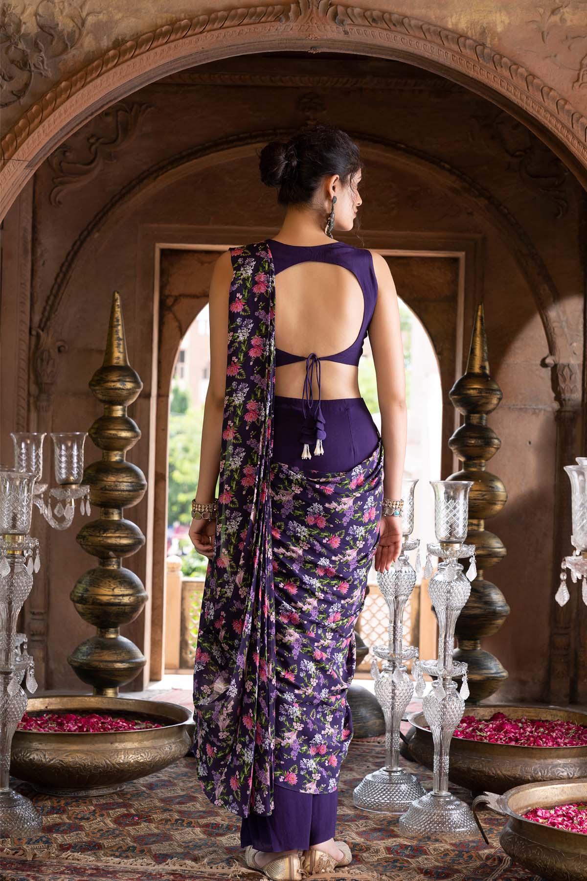 Purple Printed Pant Saree With Blouse