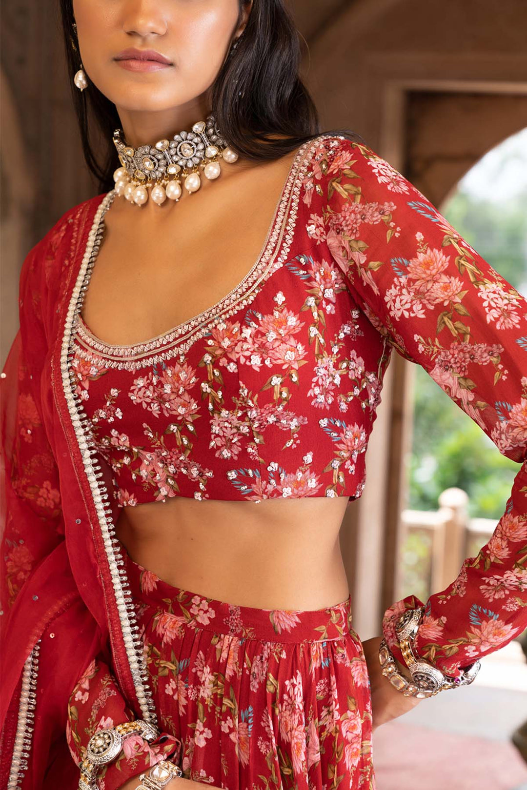 Maroon Printed Lehenga Set