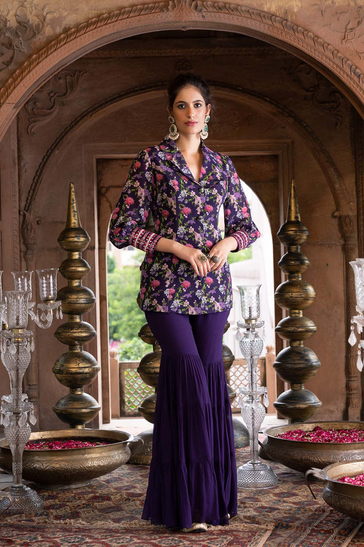 Purple Printed Jacket And Sharara