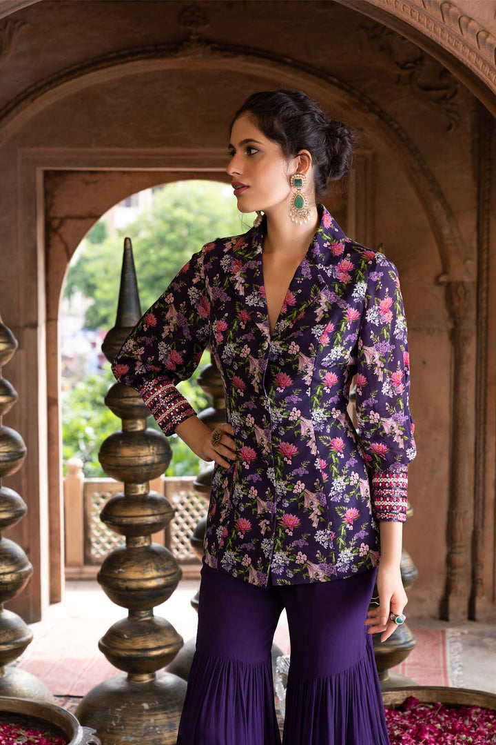 Purple Printed Jacket And Sharara