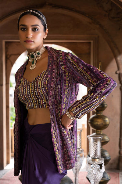 Purple Printed Jacket With Inner And Draped Skirt
