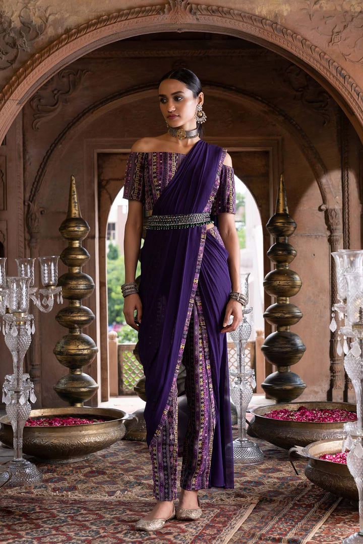 Purple Printed Pant Saree With Blouse And Belt