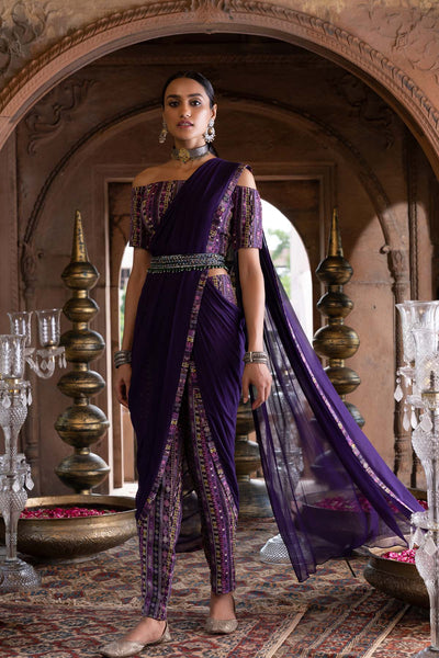 Purple Printed Pant Saree With Blouse And Belt