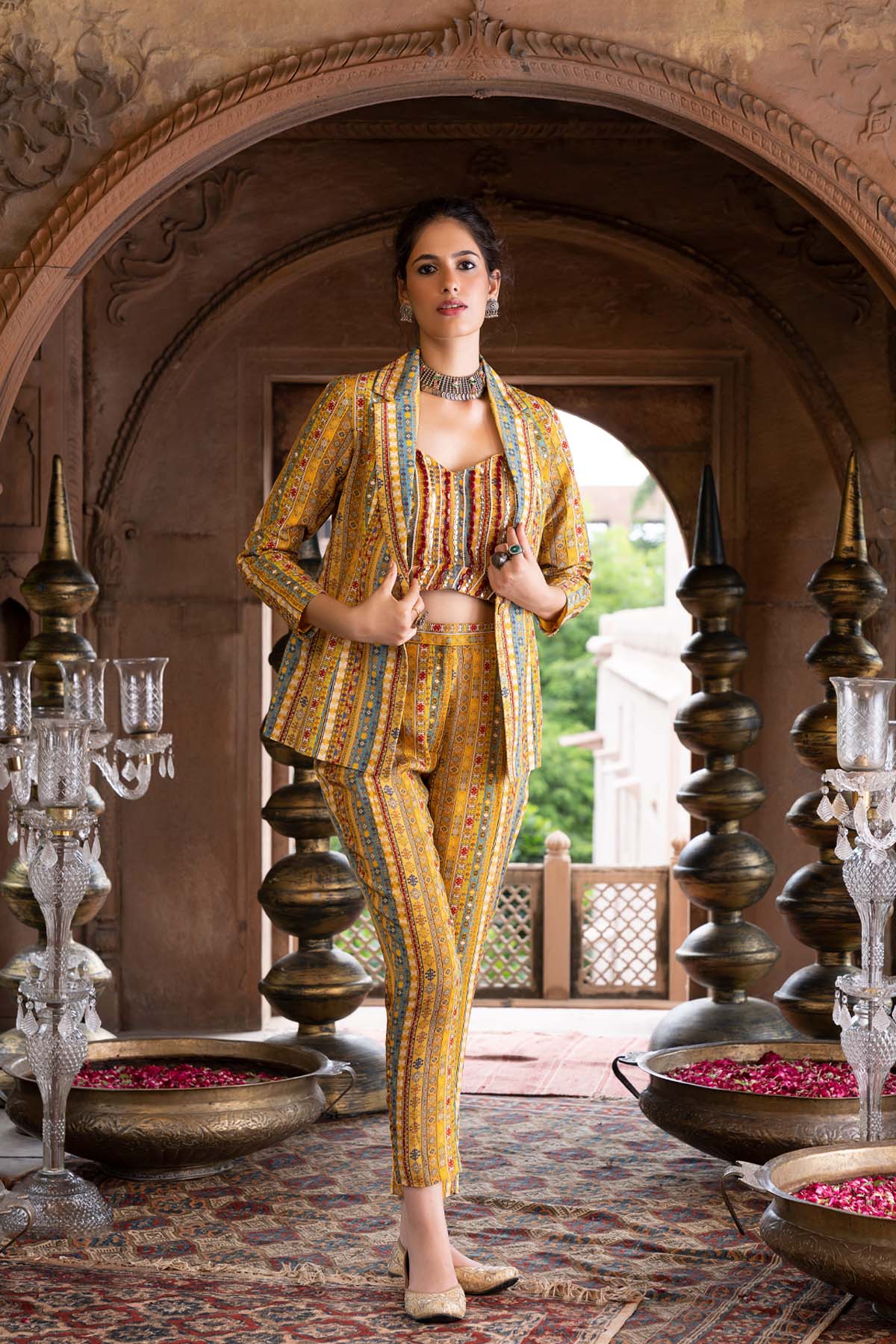 Yellow Printed Pant Suit With Inner