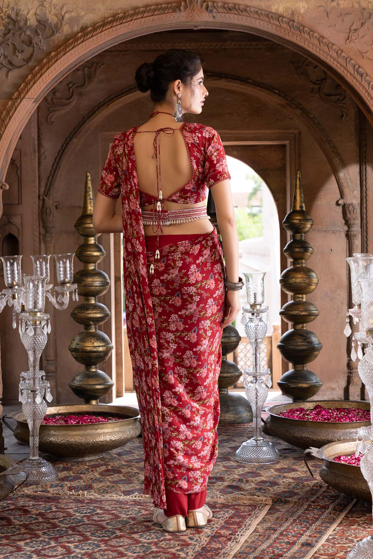 Maroon Printed Pant Saree With Blouse And Belt