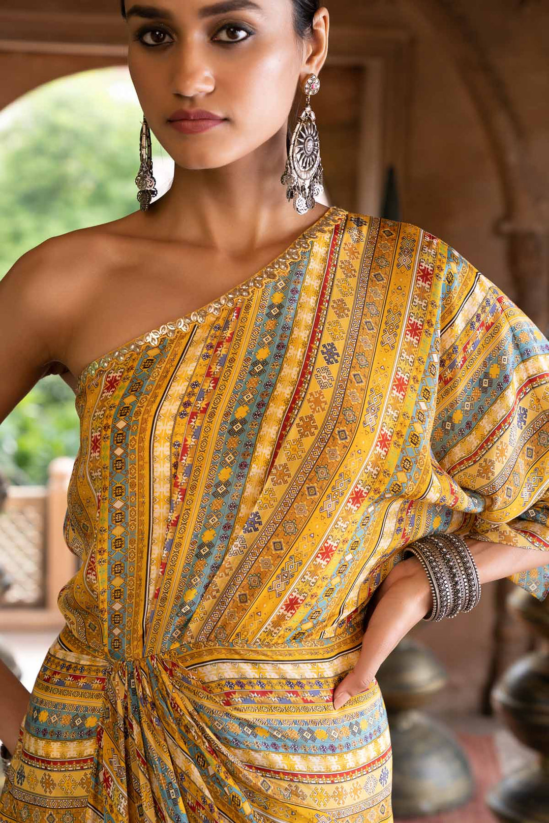 Yellow Printed One Shoulder Draped Dress