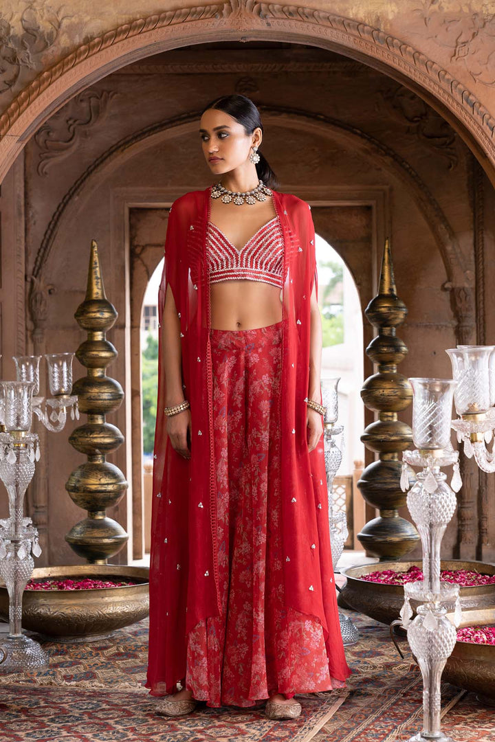 Red Cape Set With Printed Palazzo And Embroidered Inner