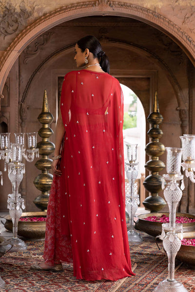 Red Cape Set With Printed Palazzo And Embroidered Inner