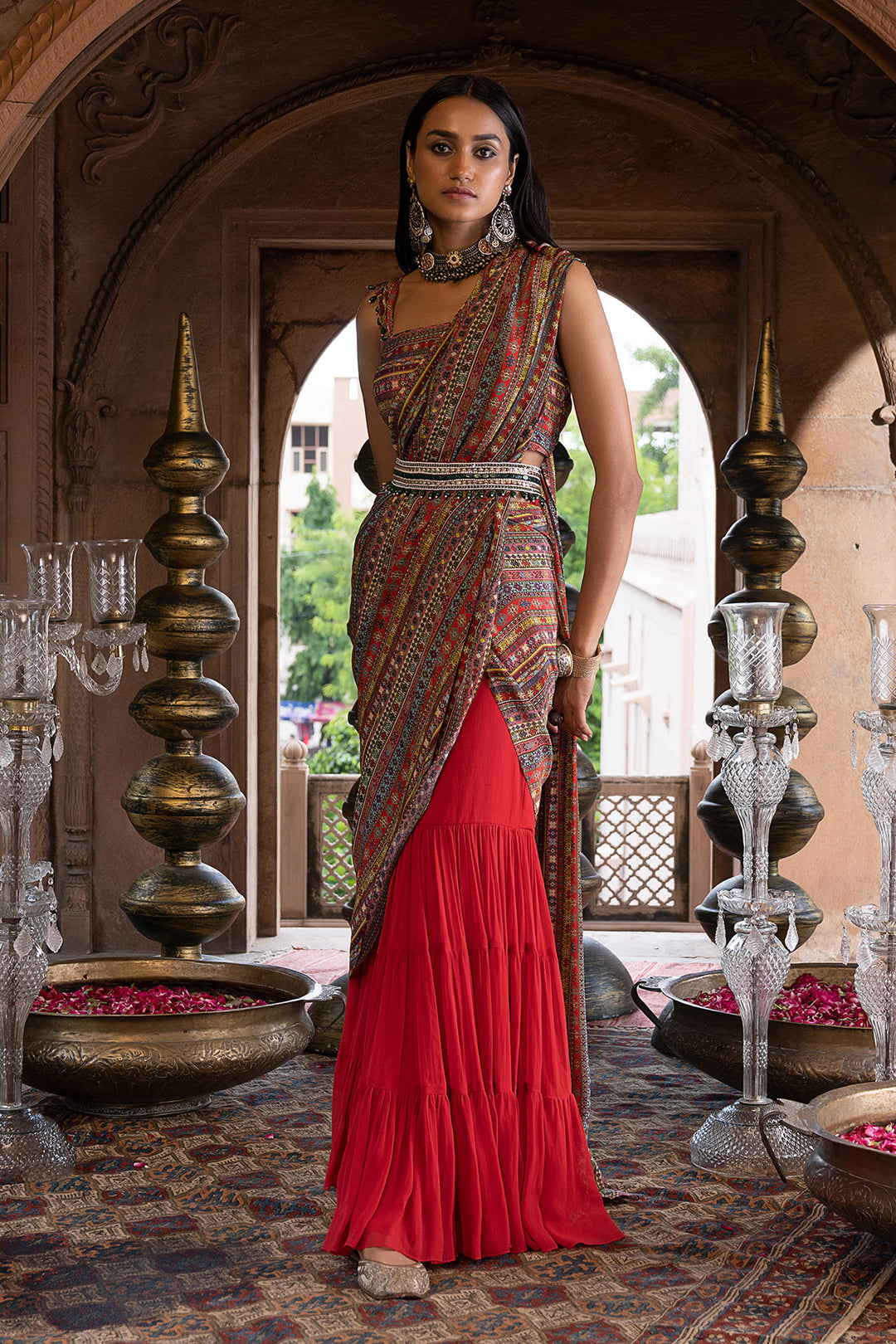 Red Printed Sharara Saree With Blouse And Belt