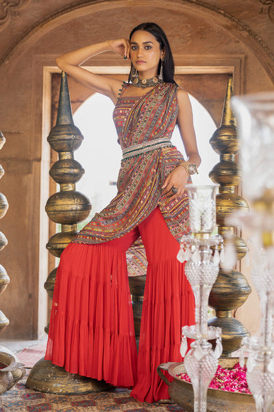Red Printed Sharara Saree With Blouse And Belt
