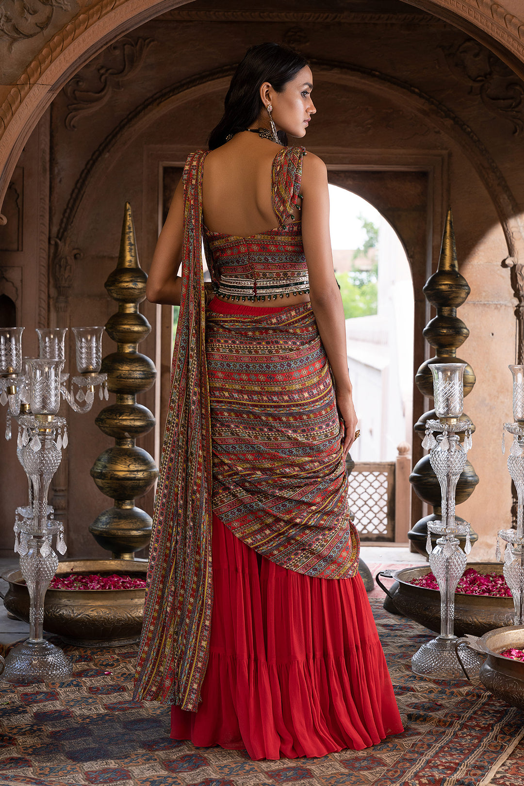 Red Printed Sharara Saree With Blouse And Belt