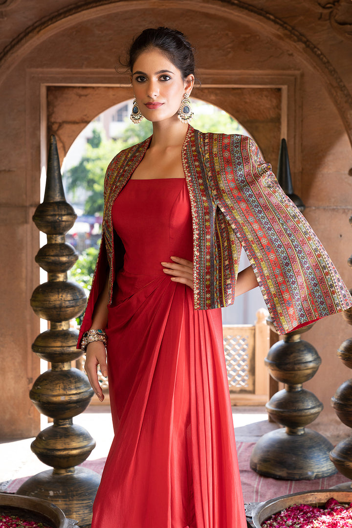 Red Draped Dress With Printed Cape Jacket