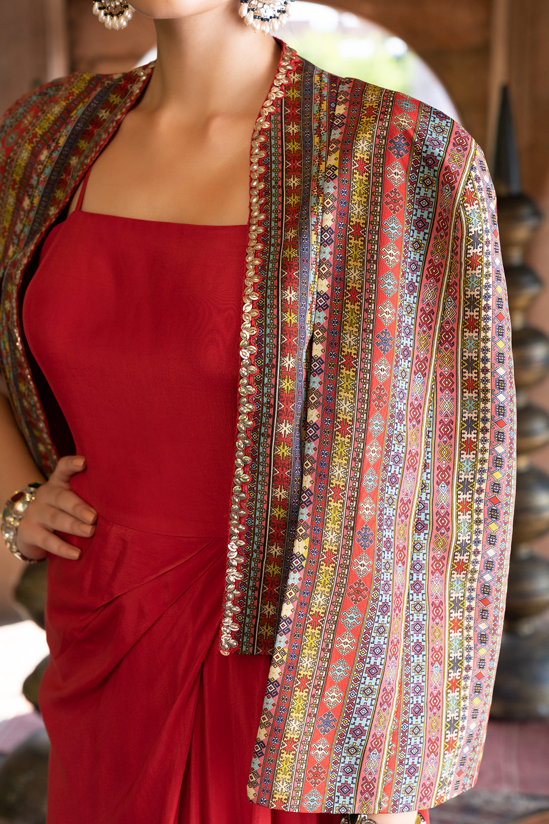 Red Draped Dress With Printed Cape Jacket