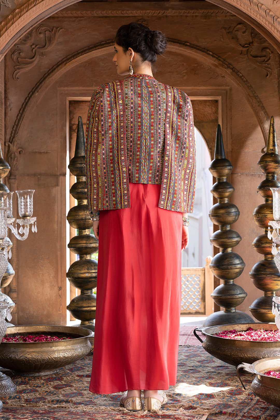 Red Draped Dress With Printed Cape Jacket