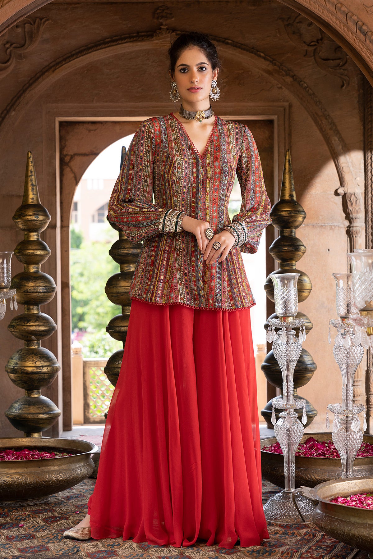 Red Printed Tunic With Palazzo