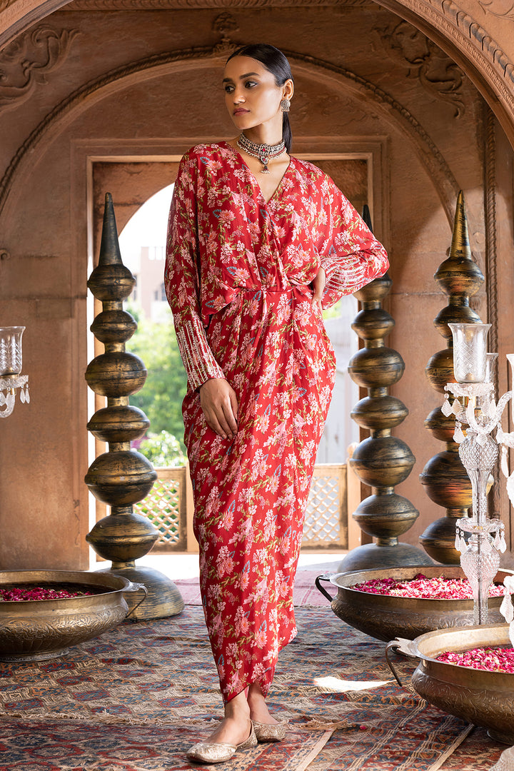 Maroon Printed Draped Dress