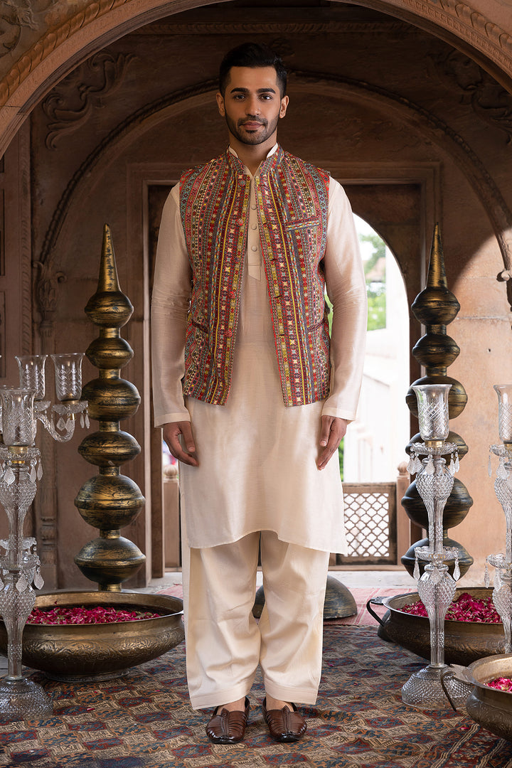 Beige Kurta Set With Bundi