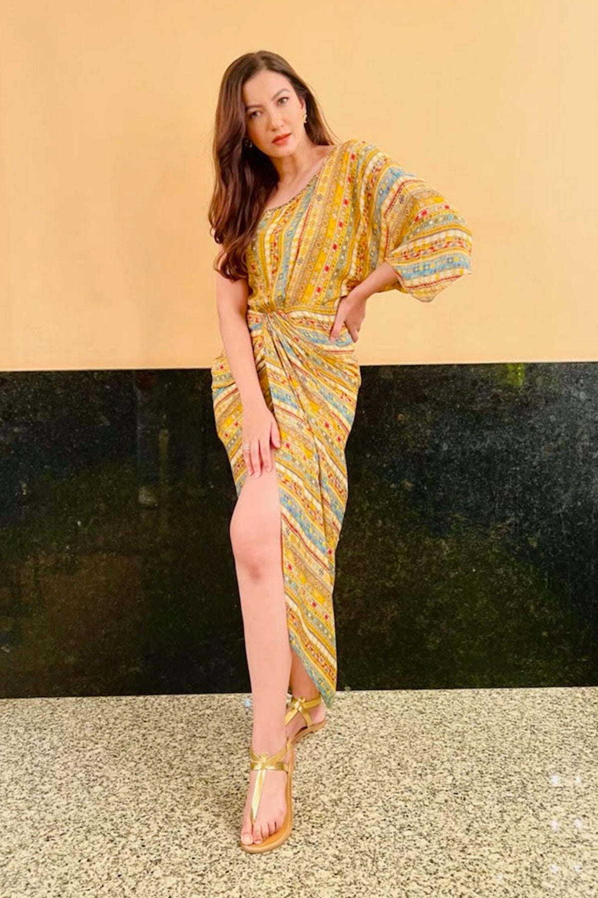 Actress Guahar Khan In Yellow Printed One Shoulder Draped Dress