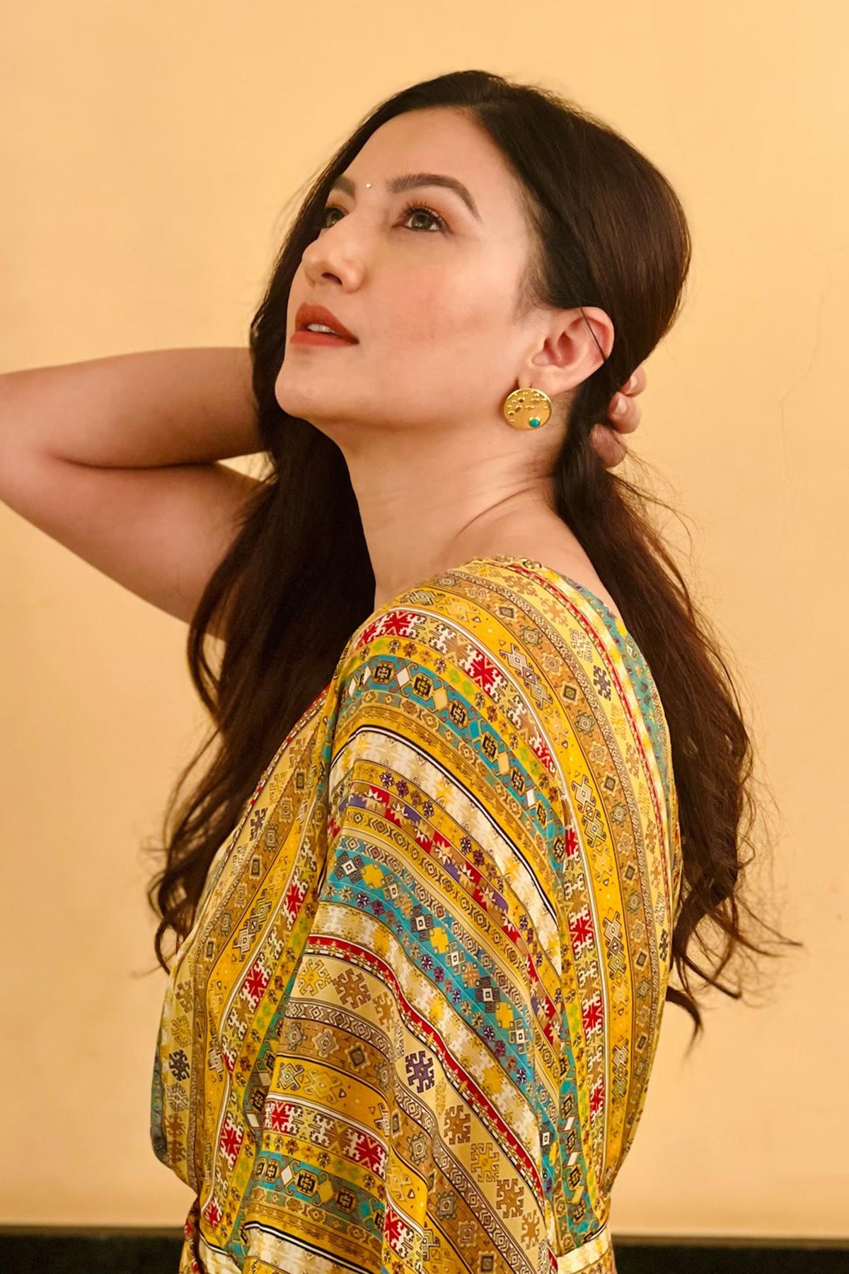 Actress Guahar Khan In Yellow Printed One Shoulder Draped Dress