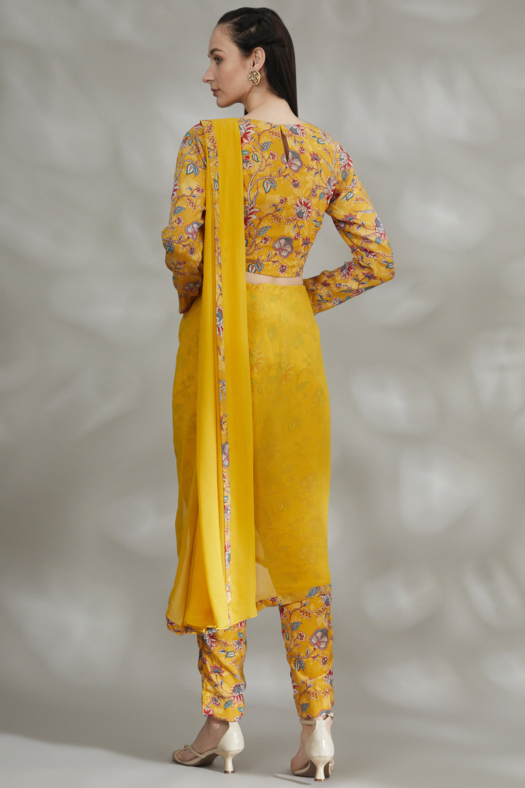 Yellow Printed Pant Saree Set