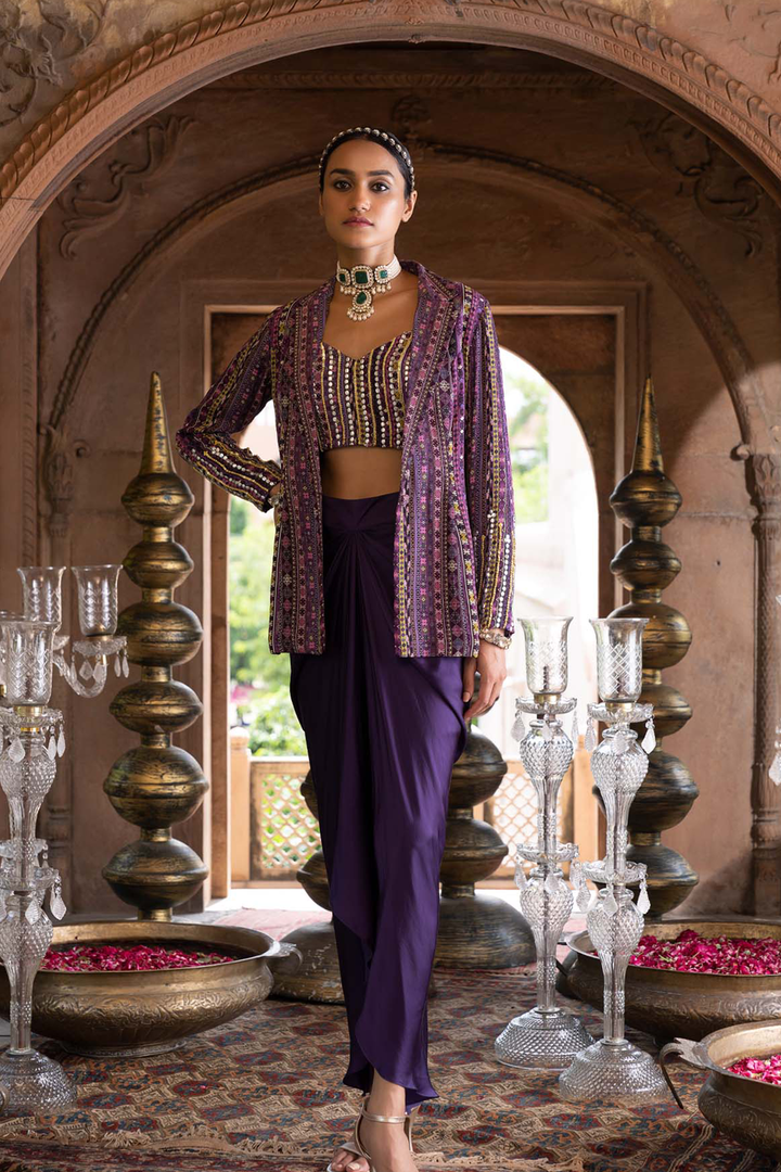 Purple Printed Jacket With Inner And Draped Skirt